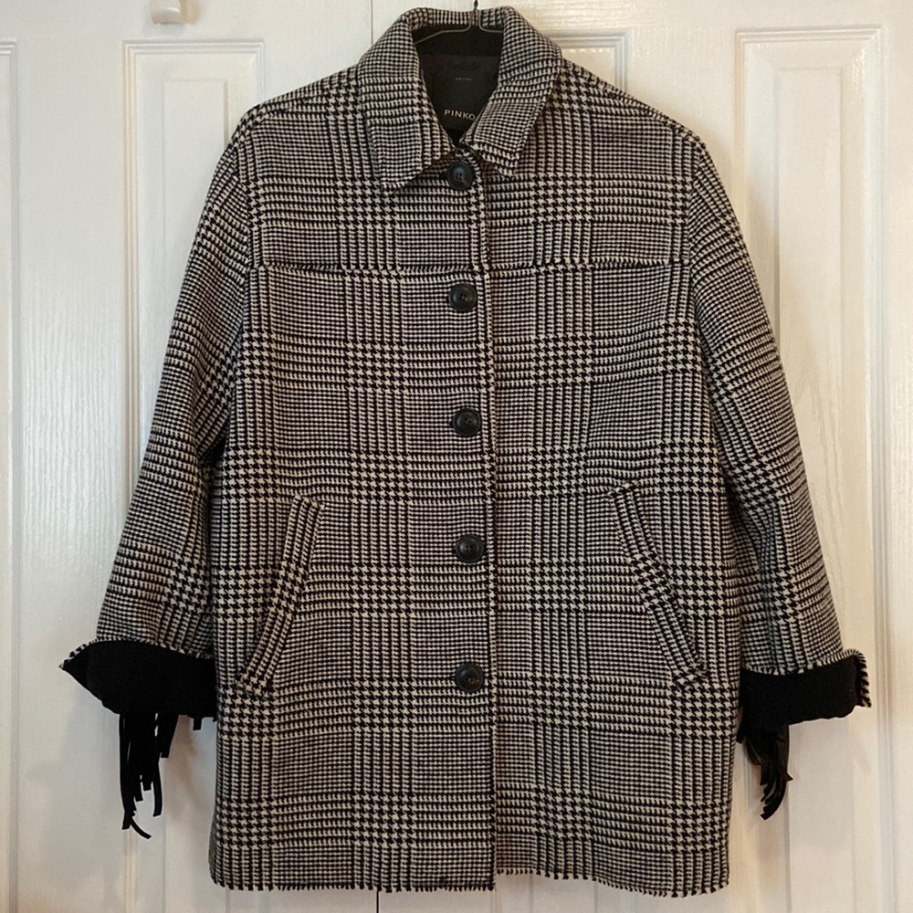 Pinko Houndstooth Coat with Black Tassle Italy Size 4